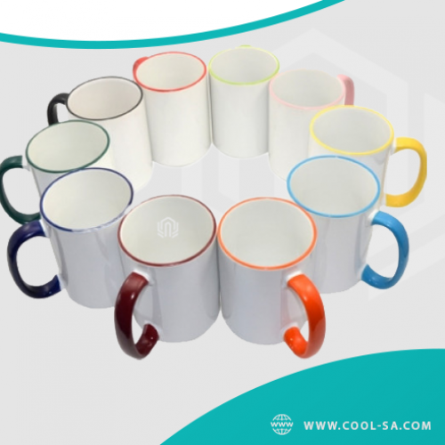 White mug with a handle of multiple colors (print on request)