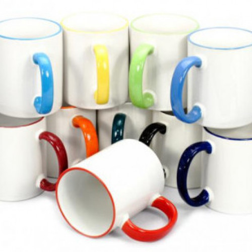 White mug with a handle of multiple colors (print on request)